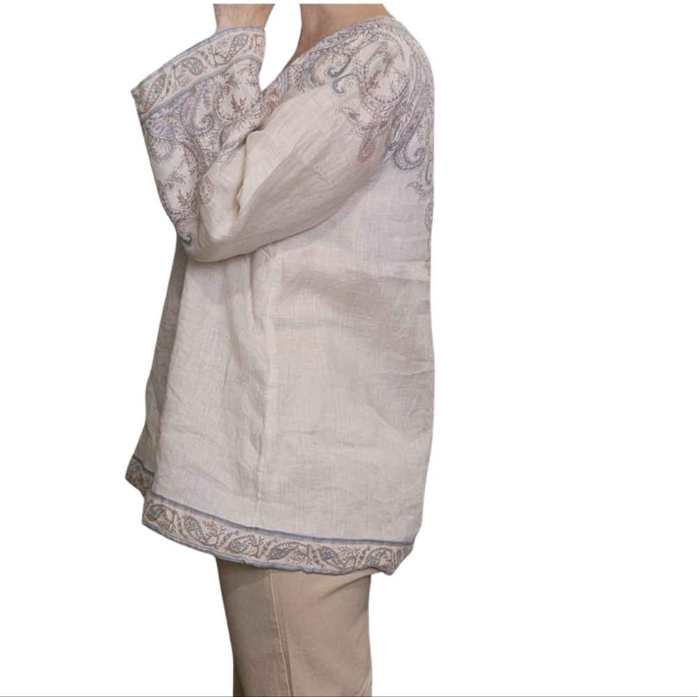 Shirt pullover 100% Linen Paisley BOHO Cream color and blues Size S-M J.JILL - Picture 3 of 14